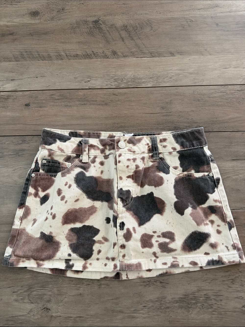 Cow-Print Denim Mini Skort in Brown & Black